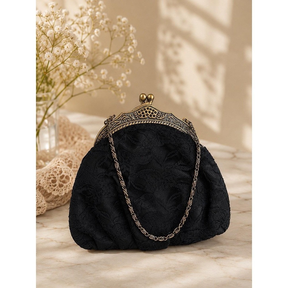 Vintage Black Lace Kiss Lock Evening Bag Bronze Frame Chain Gothic Victorian